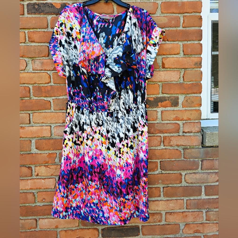 New Fynn & Rose Multicolor Abstract Print Ruffle Front Shift Dress Women’s 2X